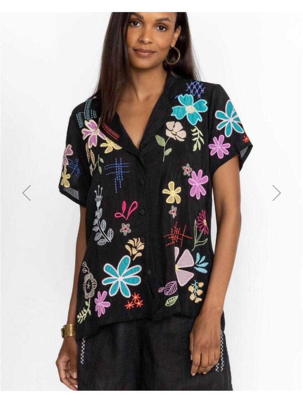 Johnny Was XL Black KIKI APPLIQUE BLOUSE floral Embroidered colorful Shirt XL